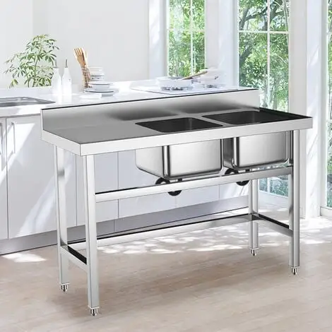 Livingandhome Stainless Steel Commercial Double Kitchen Sink With Bowl Side Platform 3 Livingandhome Stainless Steel Commercial Double Kitchen Sink With Bowl Side Platform - Image 3