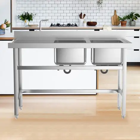 Livingandhome Stainless Steel Commercial Double Kitchen Sink With Bowl Side Platform 4 Livingandhome Stainless Steel Commercial Double Kitchen Sink With Bowl Side Platform - Image 4