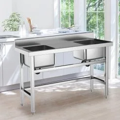 Livingandhome Stainless Steel Double Side Kitchen Sink With Middle Platform