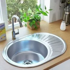 Devenirriche Kitchen Sink With Strainer And Trap Oval Stainless Steel