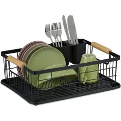 Relaxdays Dish Drainer With Drip Tray & Cutlery Basket, Kitchen Draining Rack, Plate Rack, Drying Rack In Black