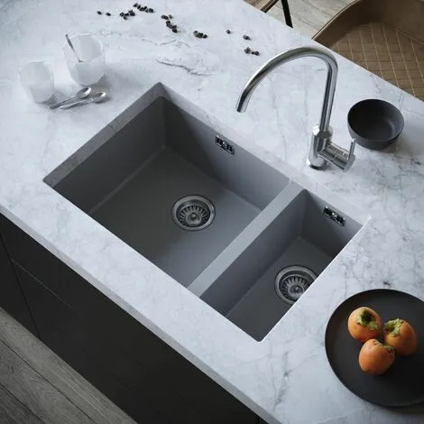 Sauber Kitchen Sink 1.5 Bowl 670x440mm Grey Composite Undermount Inset Waste 1 Sauber Kitchen Sink 1.5 Bowl 670x440mm Grey Composite Undermount Inset Waste