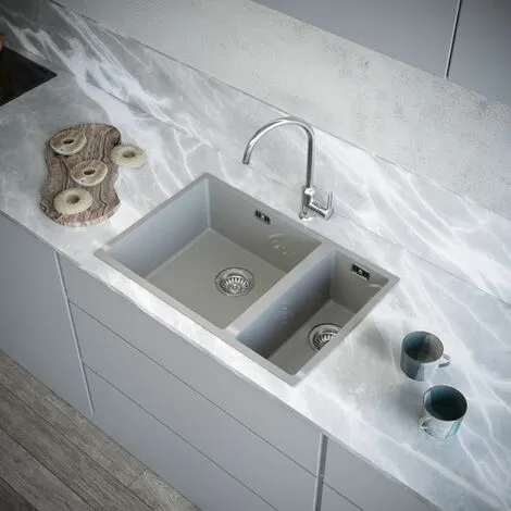 Sauber Kitchen Sink 1.5 Bowl 670x440mm Grey Composite Undermount Inset Waste 2 Sauber Kitchen Sink 1.5 Bowl 670x440mm Grey Composite Undermount Inset Waste - Image 2