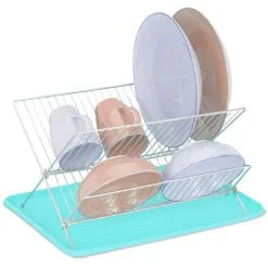 Relaxdays Dish Drainer With Drip Tray, Folding Drying Rack, Metal & Plastic, HxWxD 24 X 42 X 32 Cm, Blue