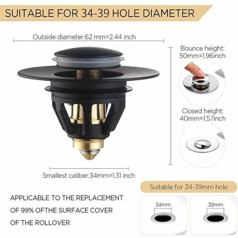 QERSTA Stainless Steel Pop Up Sink Plug For Universal Sink Pop Up Filter,3439mm,Black 2 QERSTA Stainless Steel Pop Up Sink Plug For Universal Sink Pop Up Filter,3439mm,Black - Image 2