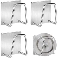 MONLY Kitchen Sponge Holder Sink Sponge Holder Stainless Steel Self Adhesive Sink Sponge Holder For Sponges Brush Pot Lid Dish Cloth 4 Pieces Silver