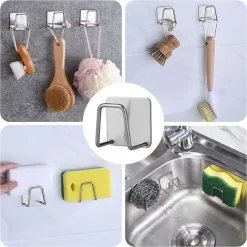 DENUOTOP 2pcs Adhesive Sponge Holder No Drilling Sponge Holder Sponge Holder For Kitchen Sink 304 Stainless Steel Self Adhesive Wall Hooks For Kitchen - Silver -Kitchen Sink Shop 72459719 4