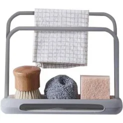 EINEMGELD Telescopic Kitchen Sink Organizer, Cloth Rack, Double Layer, Adjustable, Soap Dish, Steel Sponge Drainer (Gray)