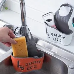 EINEMGELD Sponge Holder, Hanging Sink Basket, Hanging Baskets Drainer Rack Hanging Basket Plastic Sink Organizer For Kitchen Bathroom (White, Orange) -Kitchen Sink Shop 75329196 5