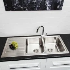 Sauber S�uber Prima Kitchen Sink 2.0 Double Bowl Stainless Steel Reversible Inset Waste