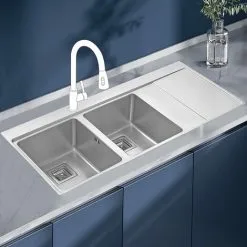 JASSFERRY Brilliant Kitchen Sink Inset 1.2 Mm Thickness Stainless Steel Double 2.0 Large Rectangle Bowl Righthand Drainer Square Strainer Plug Waste Pipe Kit