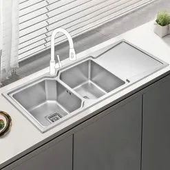 JASSFERRY Brilliant Inset Kitchen Sink 1.2 Mm Thickness Stainless Steel Double 2.0 Large Rectangle Bowl Right Hand Drainer Square Strainer Plug Waste Pipe Kit