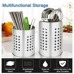 TUMALAGIA 1 PC Stainless Steel Cutlery Drainer Cylindrical Kitchen Utensil Holder Rustproof Dish Drain Basket For Storing Cutlery Chopsticks Spoon(Silver) -Kitchen Sink Shop 94622591 5